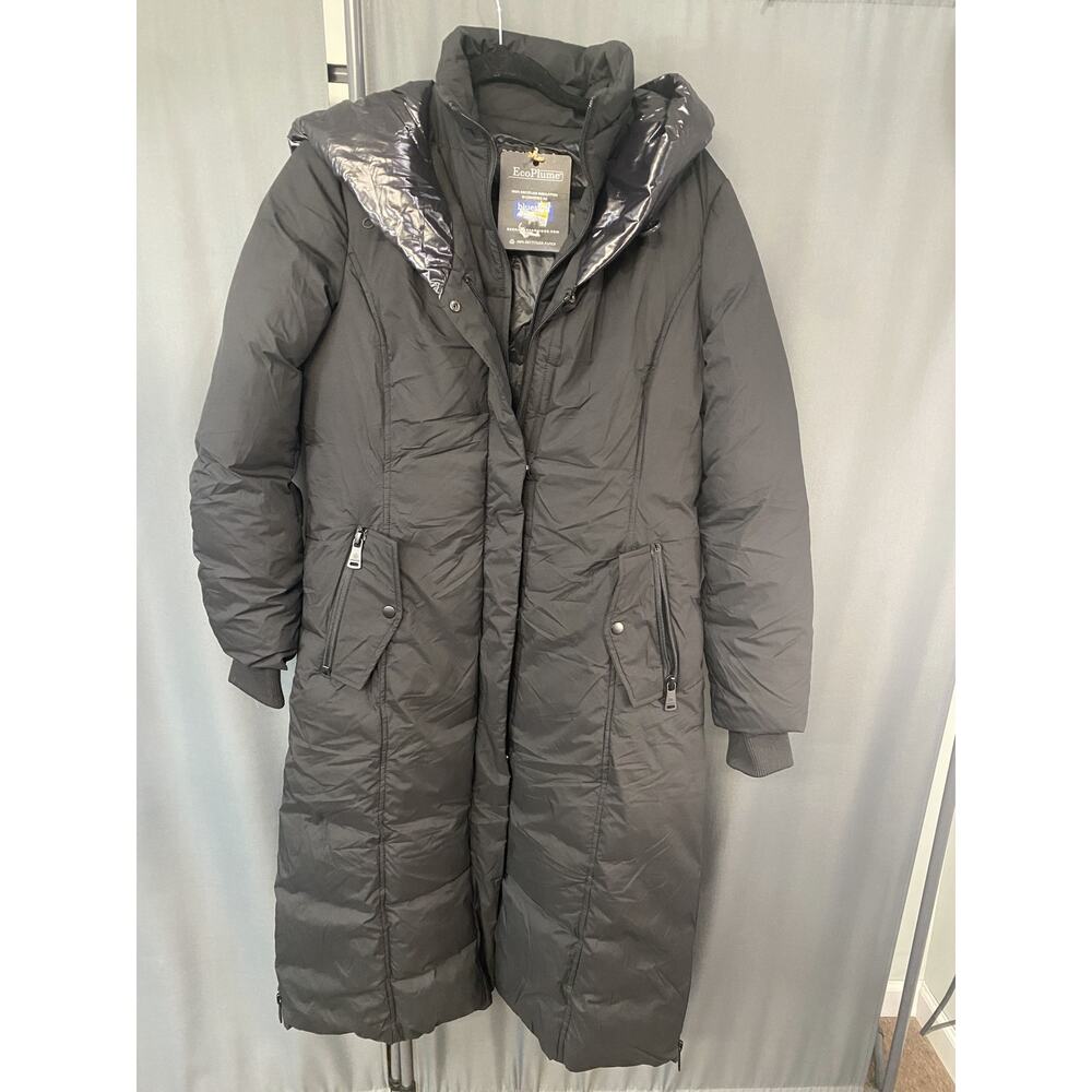 Bernardo Ecoplume Women's Medium Black Polyester Shiny Hood Puffer Coat with Bib